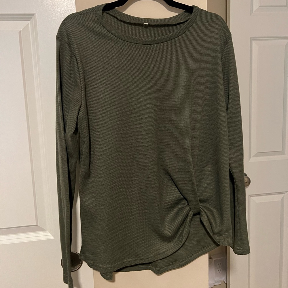 Women's Casual Tunic Top Long Sleeve Knot Waffle Knit T-Shirt Twist Blouse Green